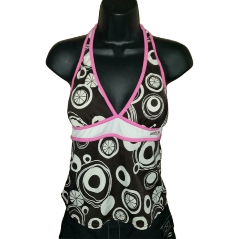 ZEROXPOSUR Halter Tankini Swim Top Abstract Brown Pink Womens Size 10
